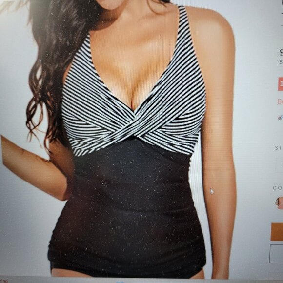 Yonique Twist Front V Neck Tummy Control Swim Top Size XL Black & White Striped - Picture 1 of 13